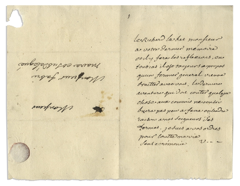 Voltaire Autograph Letter Signed Regarding Excessive Taxation by a Local Priest -- ''...Making our Masters of Taxes listen to reason...'' -- With University Archives COA